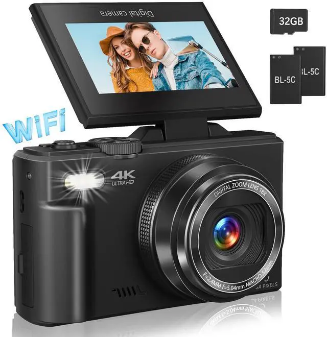 Main image of Digital Camera for Photography, 4K Vlogging Camera for YouTube 3" 180° Flip Screen 18X Digital Zoom Compact Retro Cameras with 32GB TF Card & 2 Batteries, Black
