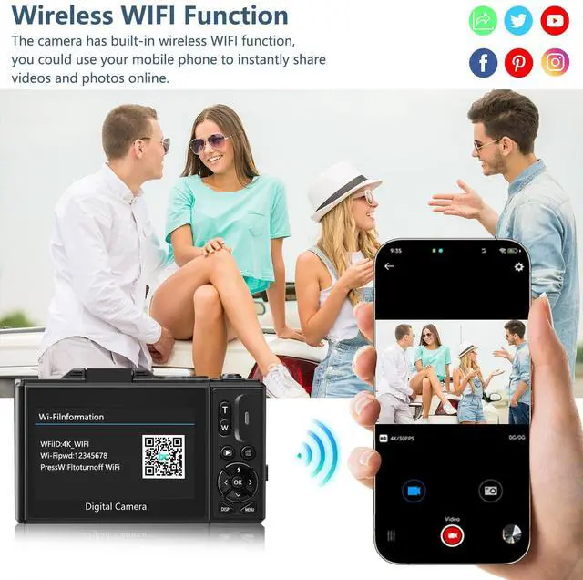 Alt view image 3 of 7 - Digital Camera for Photography, 4K Vlogging Camera for YouTube 3" 180° Flip Screen 18X Digital Zoom Compact Retro Cameras with 32GB TF Card & 2 Batteries, Black