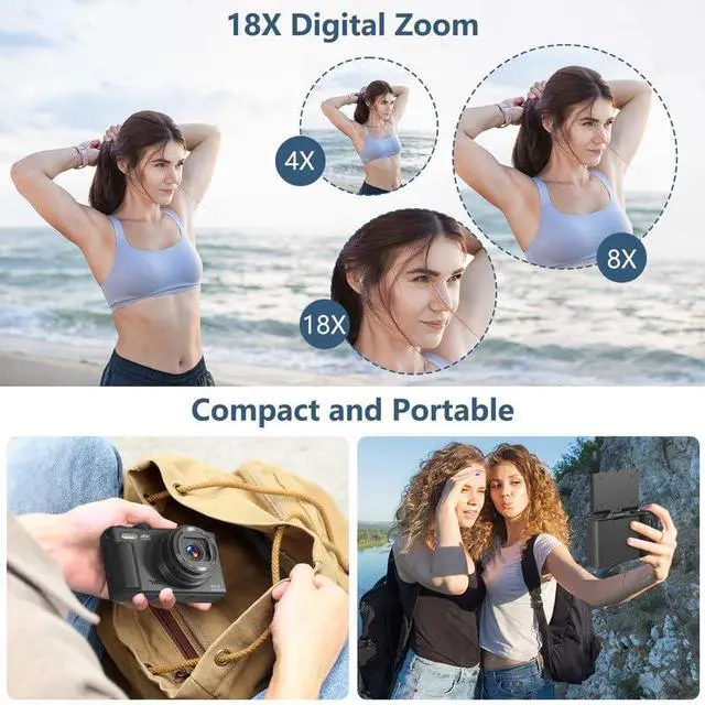 Alt view image 6 of 7 - Digital Camera for Photography, 4K Vlogging Camera for YouTube 3" 180° Flip Screen 18X Digital Zoom Compact Retro Cameras with 32GB TF Card & 2 Batteries, Black