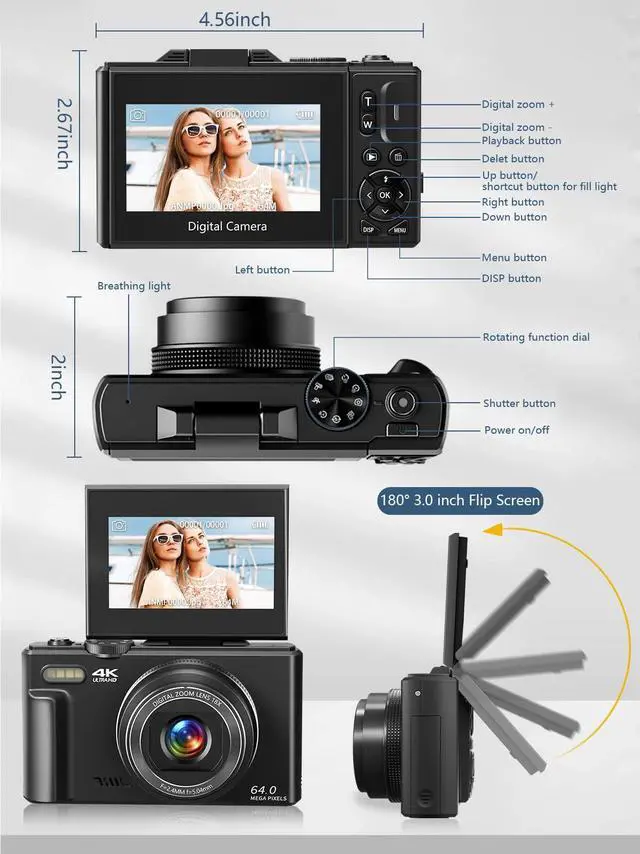 Alt view image 7 of 7 - Digital Camera for Photography, 4K Vlogging Camera for YouTube 3" 180° Flip Screen 18X Digital Zoom Compact Retro Cameras with 32GB TF Card & 2 Batteries, Black