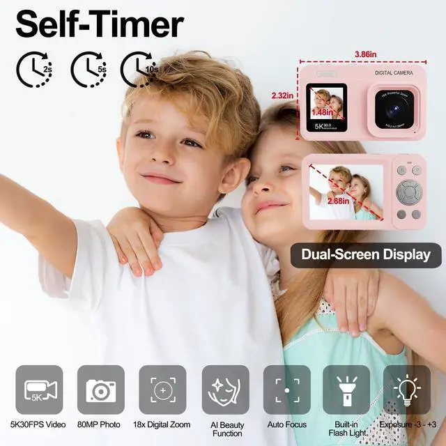 Alt view image 2 of 7 - Upgraded 5K Dual Screen Digital Camera,80MP Vlog Photography Camera for YouTube,Campus,Travel,Compact Point & Shoot Camera for Teens & Beginners with Autofocus,18x Zoom,Anti-Shake,Pink