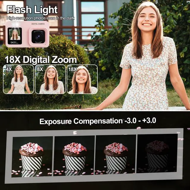 Alt view image 6 of 7 - Upgraded 5K Dual Screen Digital Camera,80MP Vlog Photography Camera for YouTube,Campus,Travel,Compact Point & Shoot Camera for Teens & Beginners with Autofocus,18x Zoom,Anti-Shake,Pink