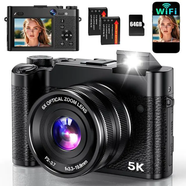 Main image of 5K Digital Camera, 64MP Cameras for Photography with 6X Optical Zoom & Autofocus, WiFi Vlogging Camera for YouTube Video, Dual-Lens, 2 Batteries, 64GB Card & Flash, Best Cameras for Content Creators