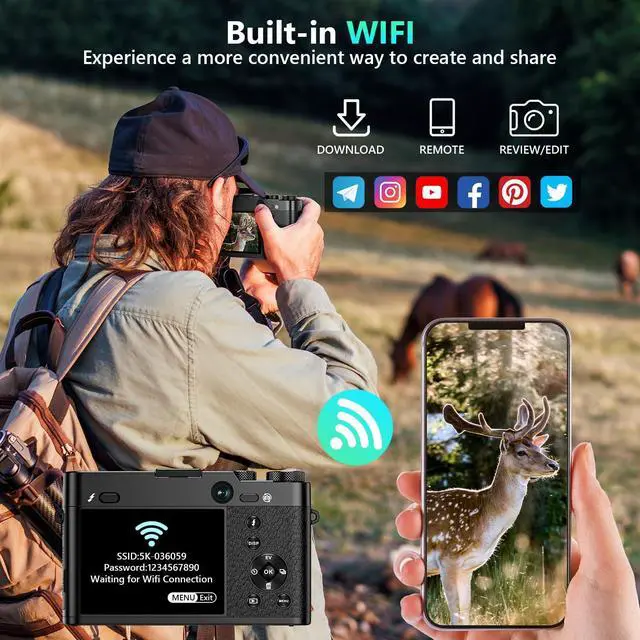 Alt view image 5 of 7 - 5K Digital Camera, 64MP Cameras for Photography with 6X Optical Zoom & Autofocus, WiFi Vlogging Camera for YouTube Video, Dual-Lens, 2 Batteries, 64GB Card & Flash, Best Cameras for Content Creators