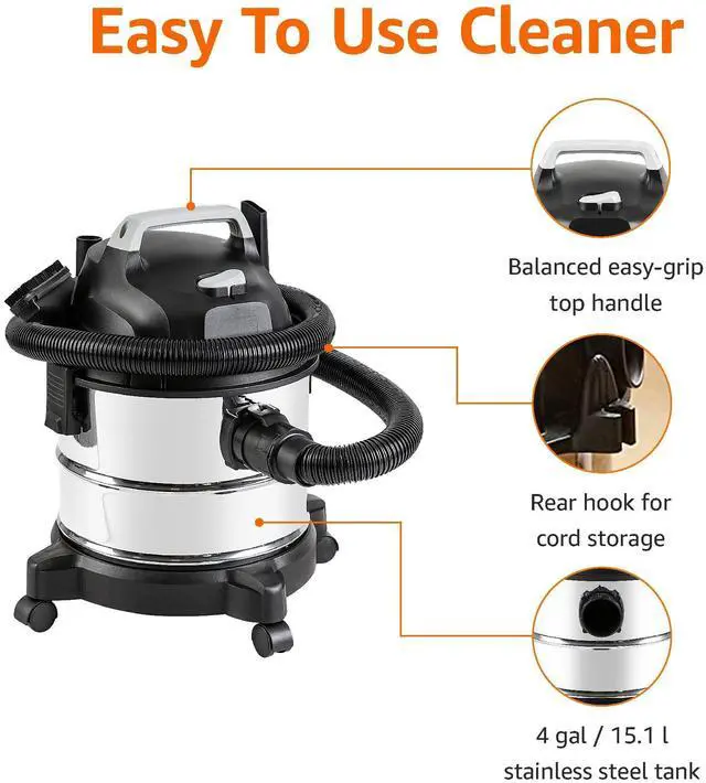 Alt view image 3 of 7 - _Mega Brand Wet Dry Vacuum Cleaner, 4 gallon Shop, 3 HP Stainless Steel, Grey/Black