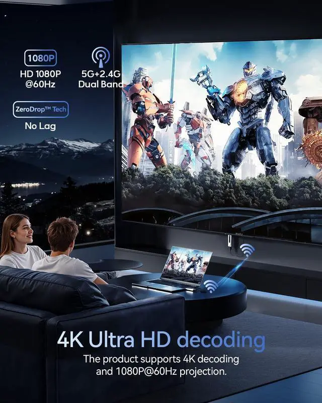 Alt view image 3 of 7 - Wireless HDMI Transmitter and Receiver 328FT/100M, 4K Decode 1080P@60Hz Ultra HD Video Output, LED Display, Plug&Play 5G+2.4G for Audio to Monitor from PC/Projector/TV Box (Silver)