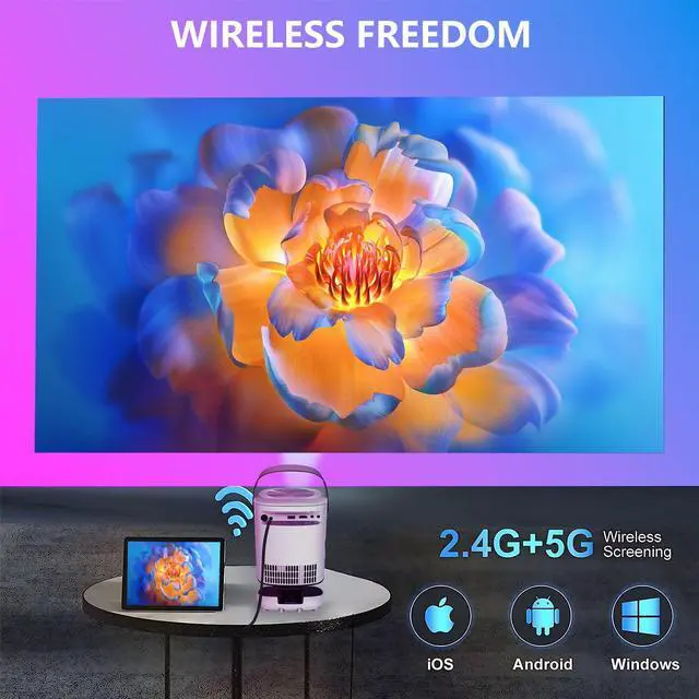 Alt view image 6 of 7 - Unitedtime Projector Native 1080p Support 4K Integrated 180°Adjustable Stand with WiFi and Bluetooth Portable for Home Theater Support HDMI, USB, PC, TV Box, Model:Tz2