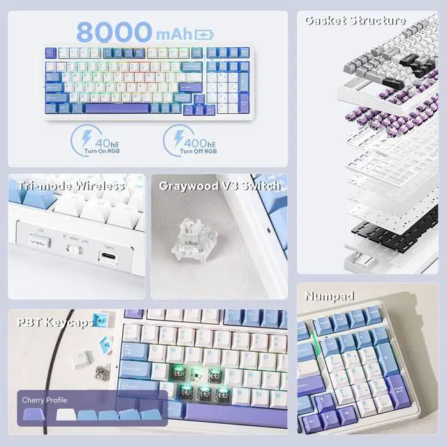 Alt view image 2 of 7 - x Aula F99 Wireless Mechanical Keyboard, Hot Swappable Gasket Custom Gaming Keyboard with Five-Layer Padding, Bluetooth/2.4GHz/USB-C, 8000mAh Battery (White Light Blue, Graywood V3 Switch)