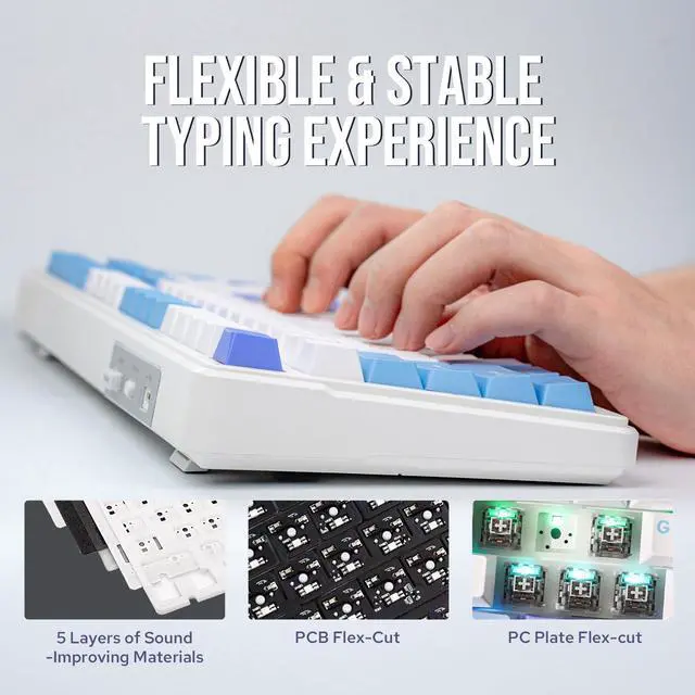 Alt view image 5 of 7 - x Aula F99 Wireless Mechanical Keyboard, Hot Swappable Gasket Custom Gaming Keyboard with Five-Layer Padding, Bluetooth/2.4GHz/USB-C, 8000mAh Battery (White Light Blue, Graywood V3 Switch)