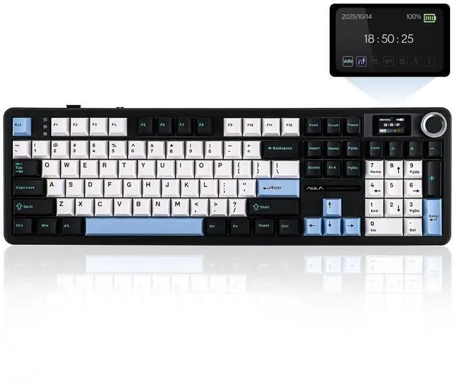 Main image of X Aula F108 PRO Wireless Gaming Keyboard with Screen, 8000mAh Battery, 104 Hot-Swappable and Programmable Keys and Knob, RGB Backlight, for Mac/PC/Android (Blue&White&Black)