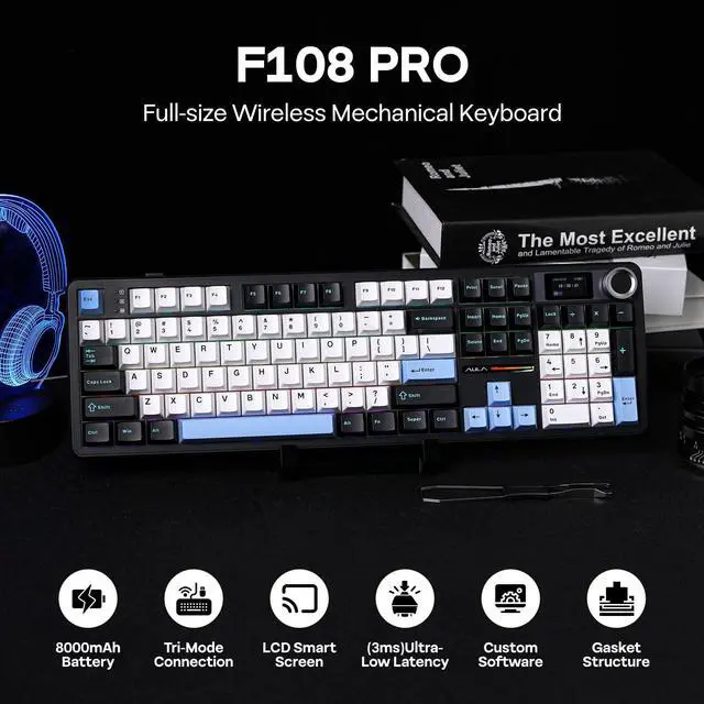 Alt view image 2 of 7 - X Aula F108 PRO Wireless Gaming Keyboard with Screen, 8000mAh Battery, 104 Hot-Swappable and Programmable Keys and Knob, RGB Backlight, for Mac/PC/Android (Blue&White&Black)