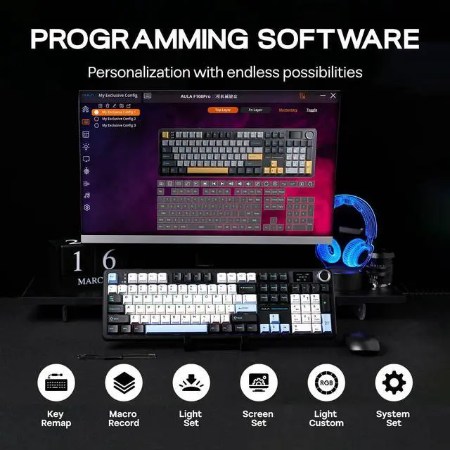 Alt view image 7 of 7 - X Aula F108 PRO Wireless Gaming Keyboard with Screen, 8000mAh Battery, 104 Hot-Swappable and Programmable Keys and Knob, RGB Backlight, for Mac/PC/Android (Blue&White&Black)