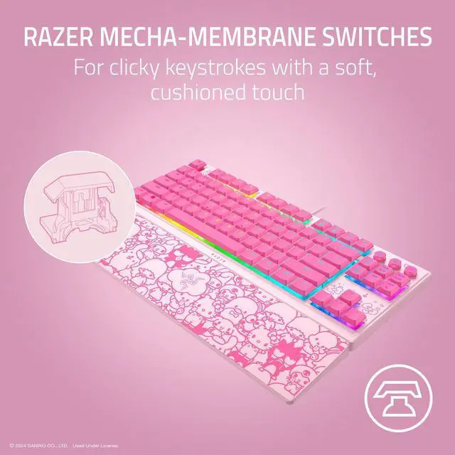 Alt view image 3 of 7 - Ornata V3 TKL Gaming Keyboard: Low-Profile Keys - Mecha-Membrane Switches - UV-Coated Keycaps - Backlit Media Keys - 8-Zone RGB Lighting - Magnetic Wrist Wrest - Hello Kitty & Friends Edition