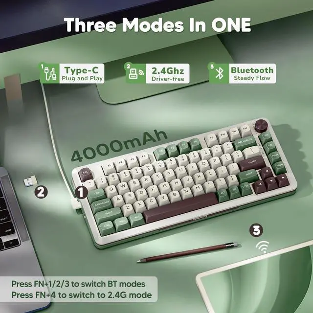 Alt view image 4 of 7 - K681 Pro Wireless Mechanical Keyboard, Gasket Mounted RGB Gaming Keyboard with Volume Knob, MDA-Profile, Pre-Lubed Linear Switches, 81 Keys 75 Tri-Mode Hot Swappable for PC/Xbox/PS (Matcha)