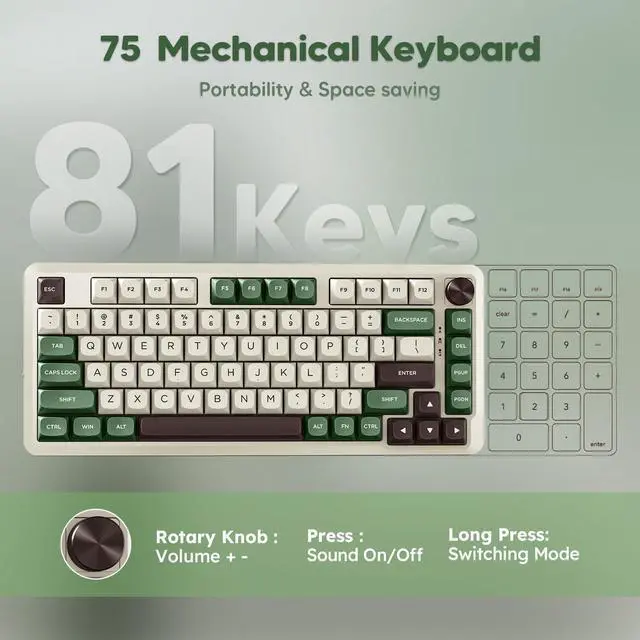 Alt view image 6 of 7 - K681 Pro Wireless Mechanical Keyboard, Gasket Mounted RGB Gaming Keyboard with Volume Knob, MDA-Profile, Pre-Lubed Linear Switches, 81 Keys 75 Tri-Mode Hot Swappable for PC/Xbox/PS (Matcha)