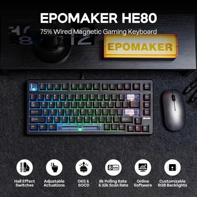 Alt view image 2 of 7 - EPOMAKER HE80 Hall Effect Gaming Keyboard, 8K Polling & 32K Scan, Creamy Gasket, DKS, SOCD, Hot-Swappable, RGB Backlit, Wired Gaming Keyboard for PC & Mac (Black)