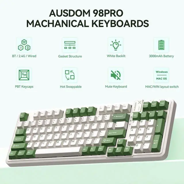 Alt view image 2 of 7 - 98Pro Silent Mechanical Keyboard, Wireless Hot Swappable Gaming Keyboard with Backlit,Gasket Structure,Pre-lubed Tactile Switches,2.4GHz/Type-C/Bluetooth Custom Keyboards (Green & White-Silent)