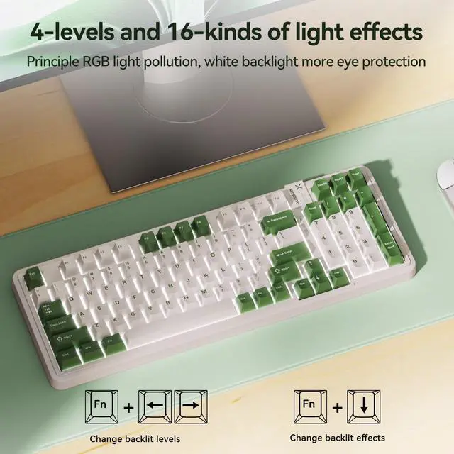 Alt view image 4 of 7 - 98Pro Silent Mechanical Keyboard, Wireless Hot Swappable Gaming Keyboard with Backlit,Gasket Structure,Pre-lubed Tactile Switches,2.4GHz/Type-C/Bluetooth Custom Keyboards (Green & White-Silent)