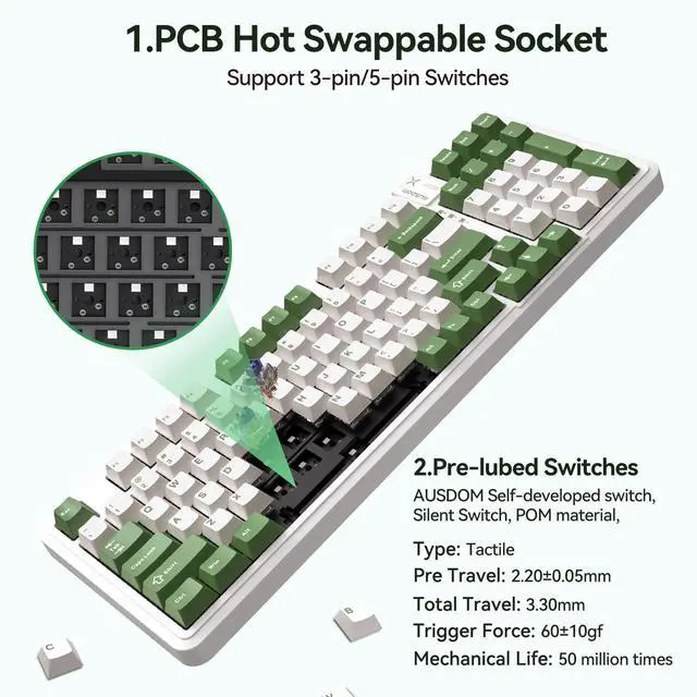 Alt view image 3 of 7 - 98Pro Silent Mechanical Keyboard, Wireless Hot Swappable Gaming Keyboard with Backlit,Gasket Structure,Pre-lubed Tactile Switches,2.4GHz/Type-C/Bluetooth Custom Keyboards (Green & White-Silent)
