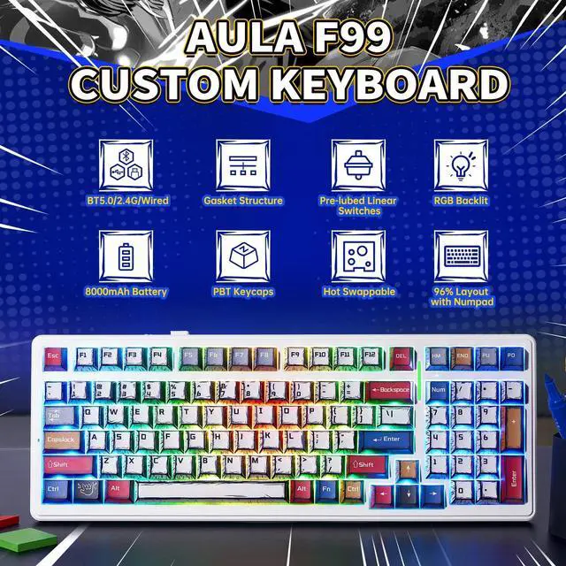 Alt view image 2 of 7 - x Aula F99 Wireless Gaming Keyboard, Bluetooth Mechanical Keyboard Hot Swappable Custom Creamy Computer Keyboards, RGB Backlit, Tri-Mode BT5.0/2.4GHz/USB-C, Gasket Structure, Pre-lubed Linear Switches