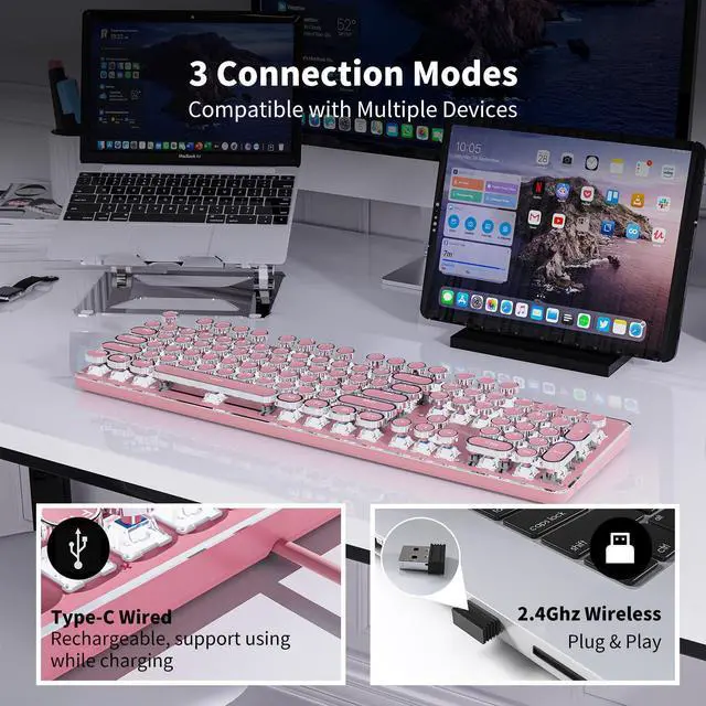 Alt view image 3 of 7 - TK950 Wireless Typewriter Keyboard and Mouse Combo, 104 Keys Retro Typewriter Mechanical Keyboard with White Backlit, Anti-Ghosting, Blue Switch, Bluetooth/2.4G/Wired Cute Gaming Keyboards-Pink