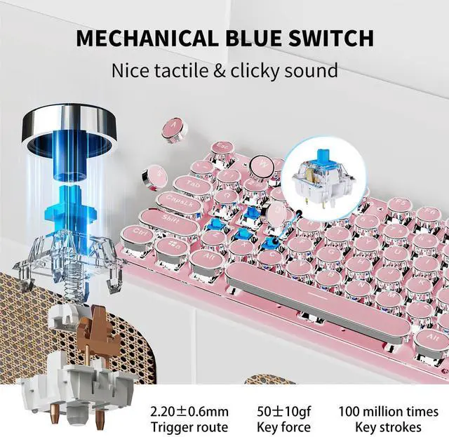 Alt view image 5 of 7 - TK950 Wireless Typewriter Keyboard and Mouse Combo, 104 Keys Retro Typewriter Mechanical Keyboard with White Backlit, Anti-Ghosting, Blue Switch, Bluetooth/2.4G/Wired Cute Gaming Keyboards-Pink