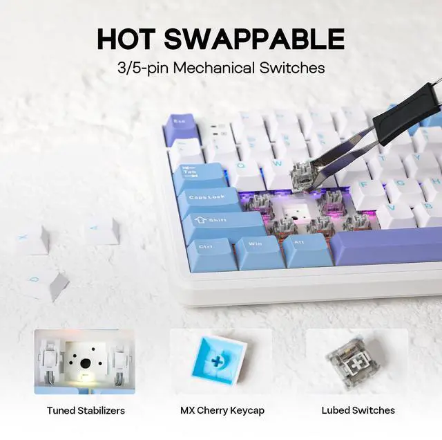 Alt view image 5 of 7 - Aula F108 Wireless Gaming Keyboard, Full Size Mechanical Keyboard with 4000mAh Battery, 108 Hot-Swappable and Programmable Keys, RGB Backlight, for Mac/PC/Android (White&Blue)