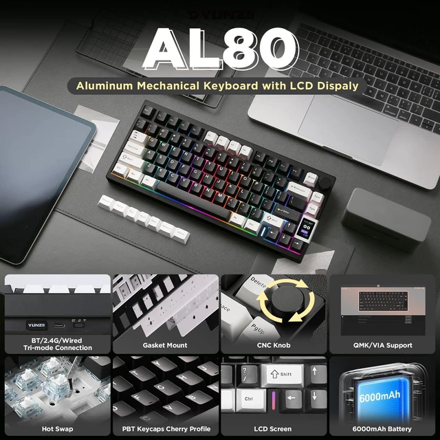 Alt view image 2 of 7 - AL80 75% Wireless Aluminum Mechanical Keyboard(Black, Cocoa Cream) | QMK/VIA, Smart LCD Display and Knob, Hot Swap, Gasket Structure, BT/2.4G/USB-C, RGB Keyboard for Gaming/Win/Mac