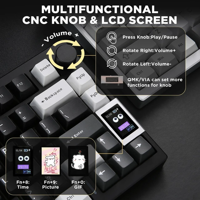 Alt view image 7 of 7 - AL80 75% Wireless Aluminum Mechanical Keyboard(Black, Cocoa Cream) | QMK/VIA, Smart LCD Display and Knob, Hot Swap, Gasket Structure, BT/2.4G/USB-C, RGB Keyboard for Gaming/Win/Mac