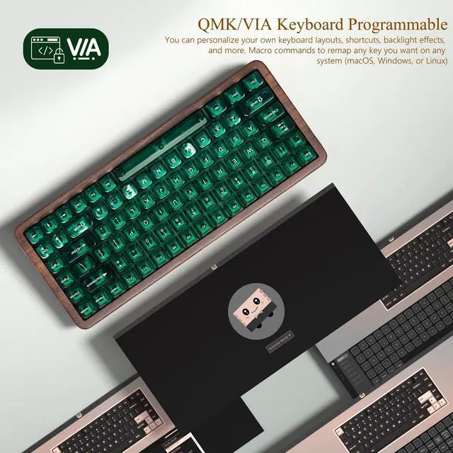 Alt view image 2 of 6 - 75% Keyboard Wireless with QMK/VIA, WD75 V2 Wood Gaming Keyboard 8000mAh Battery, Tri-Mode Mechanical Custom Key Board RGB Hot Swappable with Translucent Clear Keycaps-POM Linear Switch