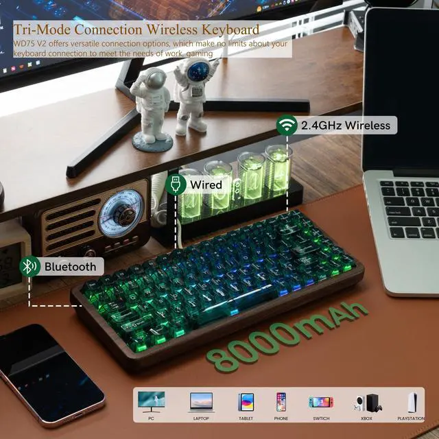 Alt view image 3 of 6 - 75% Keyboard Wireless with QMK/VIA, WD75 V2 Wood Gaming Keyboard 8000mAh Battery, Tri-Mode Mechanical Custom Key Board RGB Hot Swappable with Translucent Clear Keycaps-POM Linear Switch