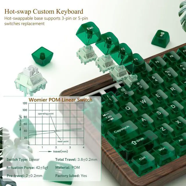 Alt view image 4 of 6 - 75% Keyboard Wireless with QMK/VIA, WD75 V2 Wood Gaming Keyboard 8000mAh Battery, Tri-Mode Mechanical Custom Key Board RGB Hot Swappable with Translucent Clear Keycaps-POM Linear Switch