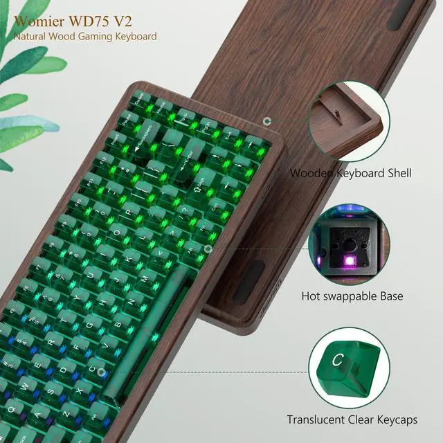 Alt view image 5 of 6 - 75% Keyboard Wireless with QMK/VIA, WD75 V2 Wood Gaming Keyboard 8000mAh Battery, Tri-Mode Mechanical Custom Key Board RGB Hot Swappable with Translucent Clear Keycaps-POM Linear Switch
