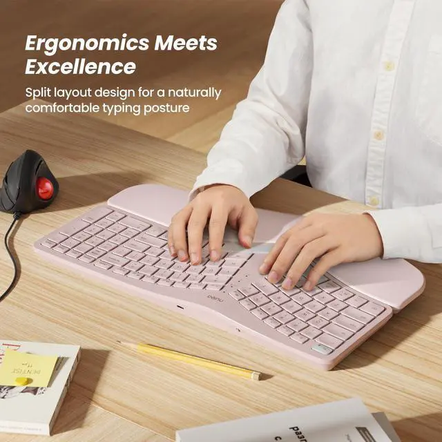 Alt view image 2 of 7 - Wireless Ergonomic Keyboard, Split Keyboard with Cushioned Wrist Rest, Bluetooth and USB Connectivity, USB-C Rechargeable, Compatible with Windows Mac (Grey Pink)