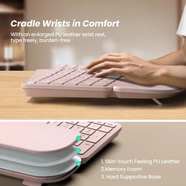 Alt view image 5 of 7 - Wireless Ergonomic Keyboard, Split Keyboard with Cushioned Wrist Rest, Bluetooth and USB Connectivity, USB-C Rechargeable, Compatible with Windows Mac (Grey Pink)