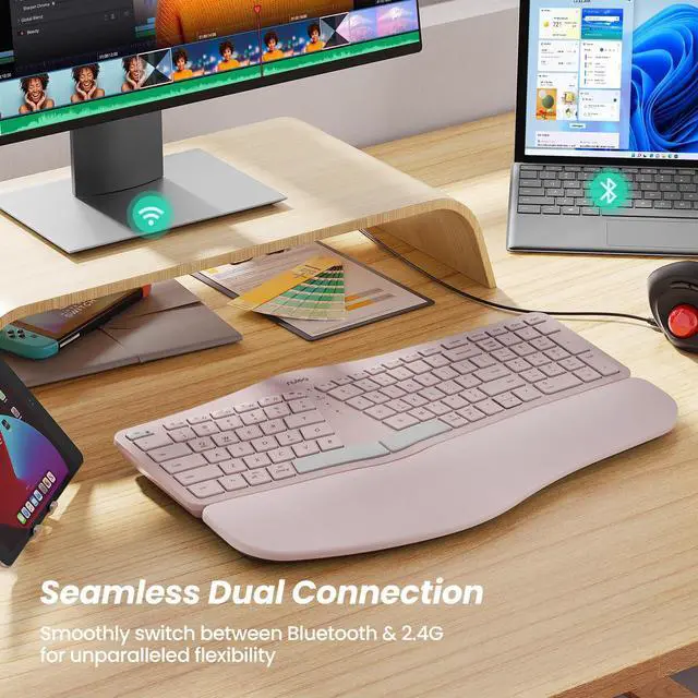 Alt view image 6 of 7 - Wireless Ergonomic Keyboard, Split Keyboard with Cushioned Wrist Rest, Bluetooth and USB Connectivity, USB-C Rechargeable, Compatible with Windows Mac (Grey Pink)