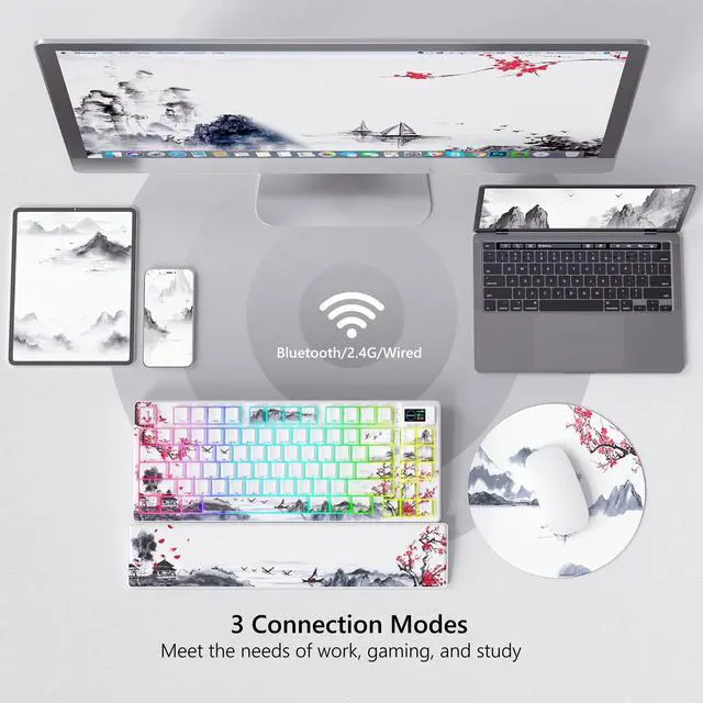 Alt view image 4 of 7 - 75% Wireless Mechanical Keyboard with Color Multimedia Screen Gaming Keyboard, Theme 3-Modes Hot Swappable Key Board w/Wrist Rest,SK80 PRO Gasket RGB Custom for Mac/Win,Red Plum