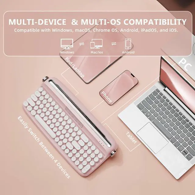 Alt view image 3 of 7 - Upgraded Wireless Typewriter Keyboard,with Retro Integrated Stand,USB-C/Bluetooth,Cute Round Keycaps, USB-C/Bluetooth Connection for Table, Phone, PC and Win/Mac/Android (B309, Baby Pink)