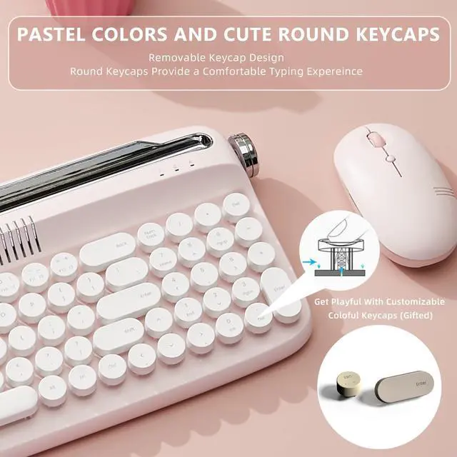 Alt view image 4 of 7 - Upgraded Wireless Typewriter Keyboard,with Retro Integrated Stand,USB-C/Bluetooth,Cute Round Keycaps, USB-C/Bluetooth Connection for Table, Phone, PC and Win/Mac/Android (B309, Baby Pink)