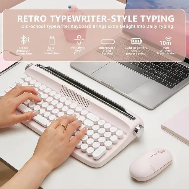 Alt view image 2 of 7 - Upgraded Wireless Typewriter Keyboard,with Retro Integrated Stand,USB-C/Bluetooth,Cute Round Keycaps, USB-C/Bluetooth Connection for Table, Phone, PC and Win/Mac/Android (B309, Baby Pink)
