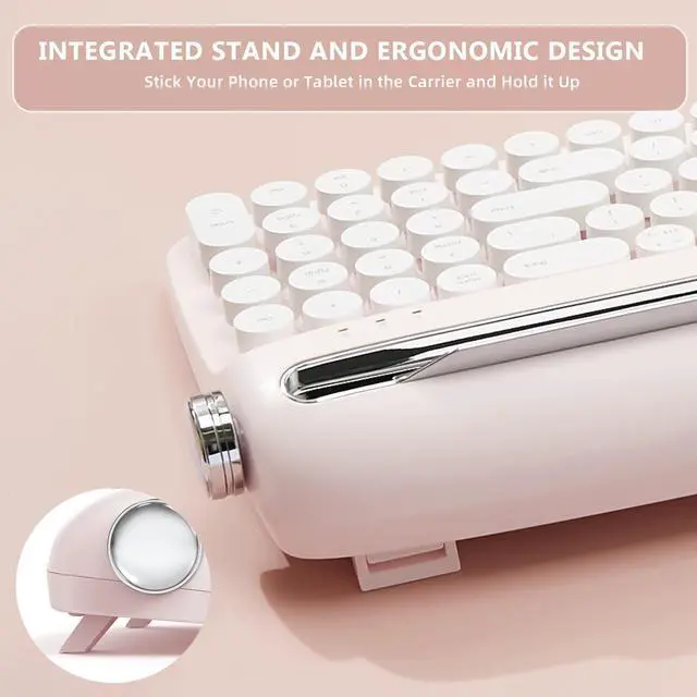 Alt view image 5 of 7 - Upgraded Wireless Typewriter Keyboard,with Retro Integrated Stand,USB-C/Bluetooth,Cute Round Keycaps, USB-C/Bluetooth Connection for Table, Phone, PC and Win/Mac/Android (B309, Baby Pink)