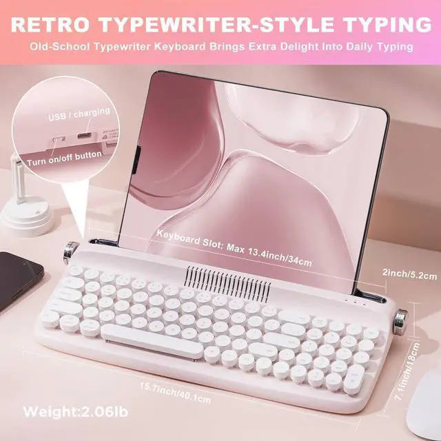 Alt view image 7 of 7 - Upgraded Wireless Typewriter Keyboard,with Retro Integrated Stand,USB-C/Bluetooth,Cute Round Keycaps, USB-C/Bluetooth Connection for Table, Phone, PC and Win/Mac/Android (B309, Baby Pink)