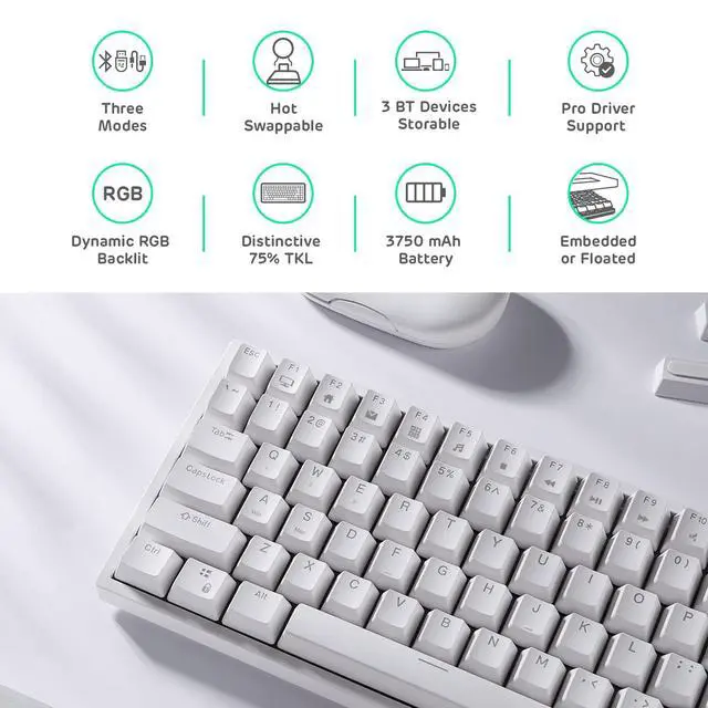 Alt view image 2 of 7 - RK84 Wireless RGB 75% Triple Mode BT5.0/2.4G/USB-C Hot Swappable Mechanical Keyboard, 84 Keys BT5.0 Gaming Keyboard w/High-Capacity Battery, Quiet Red Switch