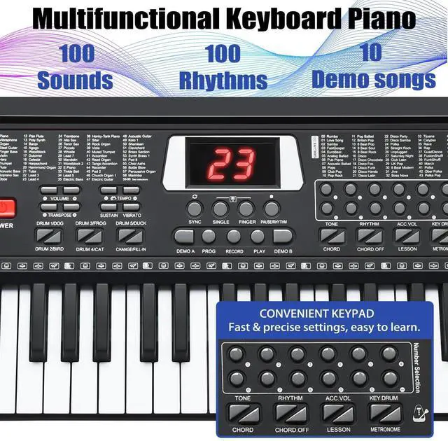 Alt view image 2 of 7 - 61 Key Keyboard Piano, Portable Electronic Keyboard Piano for Beginners with Speakers, Microphone, Sheet Music Stand, 100 Voices, 100 Rhythms, Digital Music Keyboard for Beginners