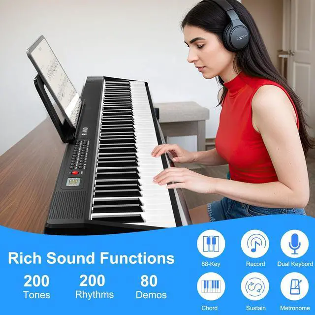 Alt view image 3 of 7 - Electronic Piano keyboard,Foldable Full Size 88 Key Digital Pianos with Power Adapter,Pedal,Sheet Music Stand,Sticker,Bag,for Beginners,Black