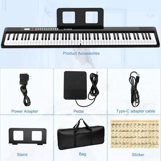 Alt view image 7 of 7 - Electronic Piano keyboard,Foldable Full Size 88 Key Digital Pianos with Power Adapter,Pedal,Sheet Music Stand,Sticker,Bag,for Beginners,Black