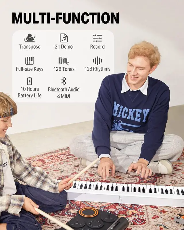 Alt view image 4 of 7 - 61-Key Folding Bluetooth Keyboard Piano for Beginners, Portable Piano Keyboard with Music Rest, Bag, Pedal, and App - White