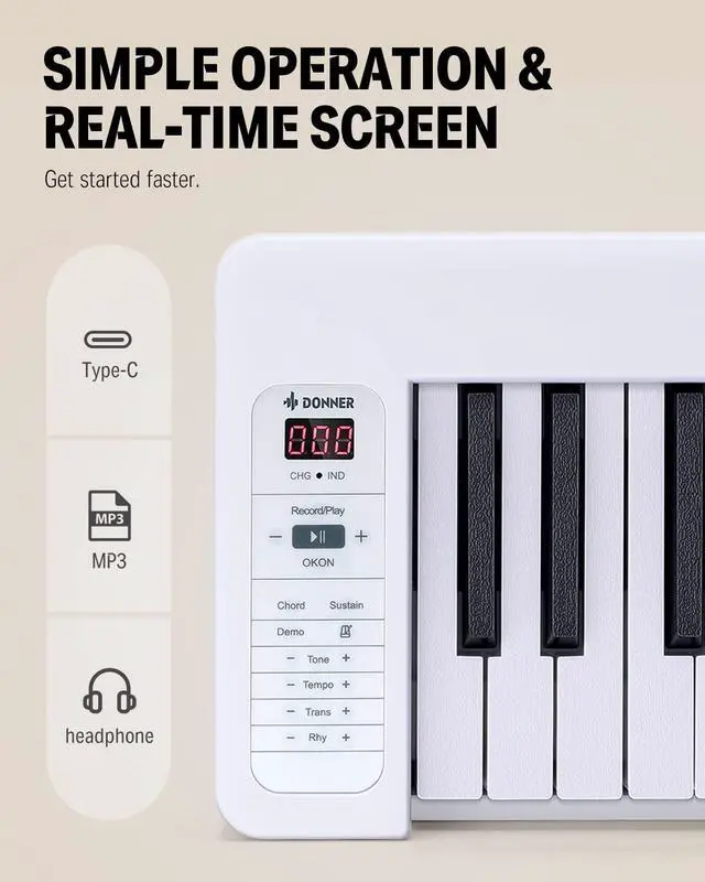 Alt view image 5 of 7 - 61-Key Folding Bluetooth Keyboard Piano for Beginners, Portable Piano Keyboard with Music Rest, Bag, Pedal, and App - White