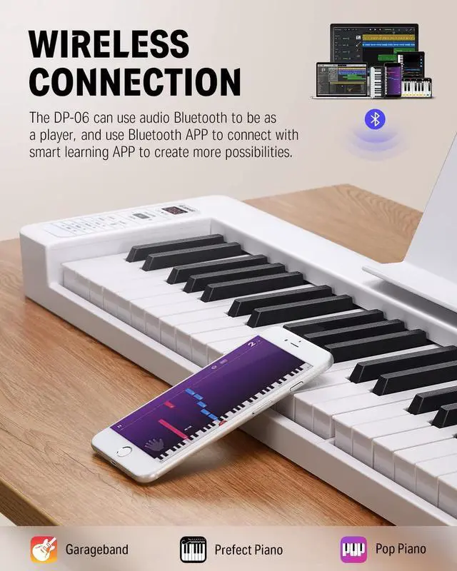 Alt view image 3 of 7 - 61-Key Folding Bluetooth Keyboard Piano for Beginners, Portable Piano Keyboard with Music Rest, Bag, Pedal, and App - White