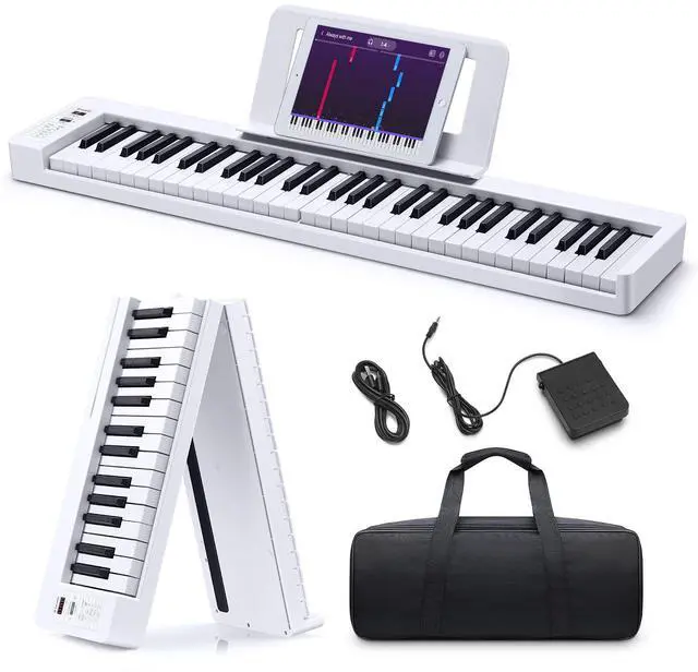 Main image of 61-Key Folding Bluetooth Keyboard Piano for Beginners, Portable Piano Keyboard with Music Rest, Bag, Pedal, and App - White